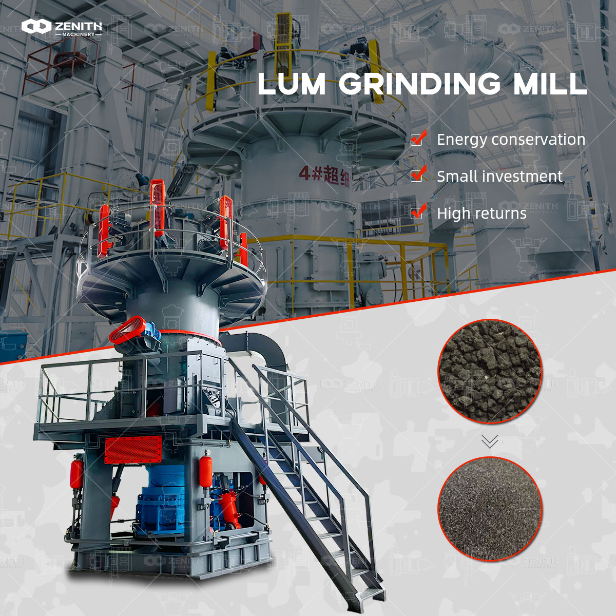 A large LM series vertical roller mill installed in an industrial plant, showing its compact footprint and integrated ductwork.